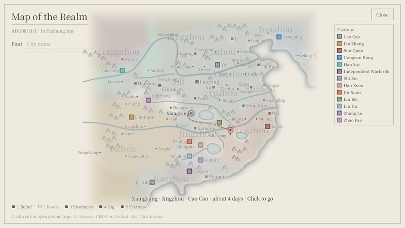The Map of the Realm in faction view, with a route to Xiangyang about four days away