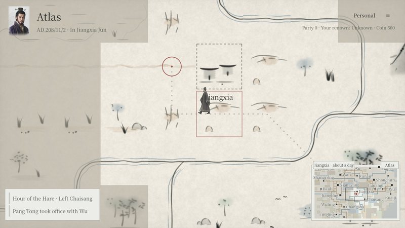 The walkable ink world map: Sun Quan on the road near Jiangxia, with the walking clock and minimap