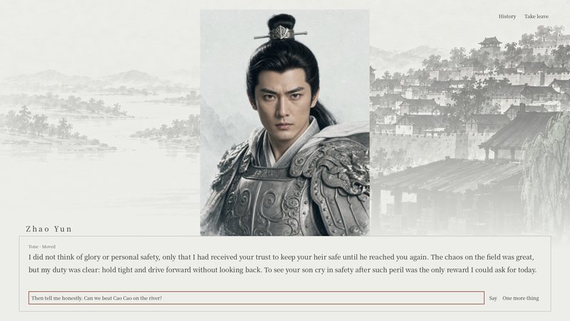 A conversation screen in English: Zhao Yun answers the player about carrying Liu Bei's infant son through Cao Cao's army, with the next question typed below